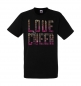 Preview: Schwarzes T-Shirt mit großem Paillettenaufdruck "LOVE to CHEER" in gelb und pink von vorne.