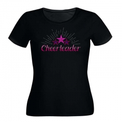 Schwarzes Girly Tshirt mit Paillettenaufdruck "Cheerleader" und Stern von vorne.