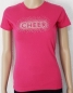 Mobile Preview: Pinkes T-Shirt mit silber Paillettendruck "CHEER" von vorne.