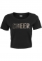 Preview: Schwarzes Cheer Crop Top mit silbernem Holo-Paillettendruck "CHEER" auf Brusthöhe von vorne.