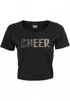 Schwarzes Cheer Crop Top mit silbernem Holo-Paillettendruck "CHEER" auf Brusthöhe von vorne.