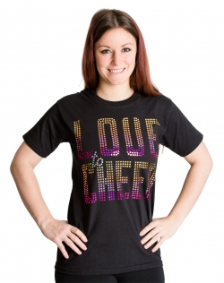 Schwarzes T-Shirt mit großem Paillettenaufdruck "LOVE to CHEER" in gelb und pink von vorne.